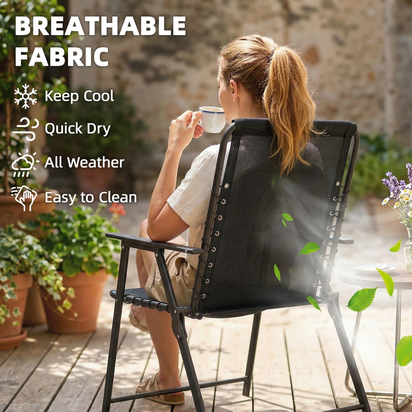 Outsunny Folding Garden Chairs Set of 4 Outdoor Dining Chairs with Wide Texteline Seat High Back and Armrests Black