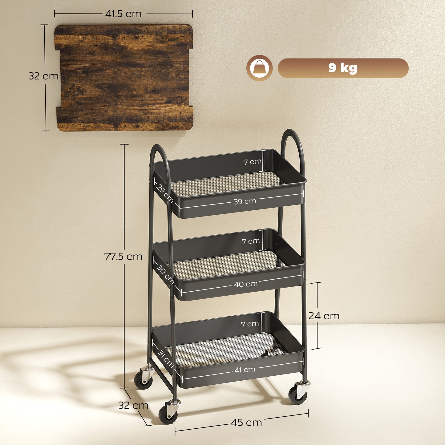 HOMCOM 3 Tier Kitchen Storage Trolley On Wheels With Cover Top Board Rustic Brown And Black