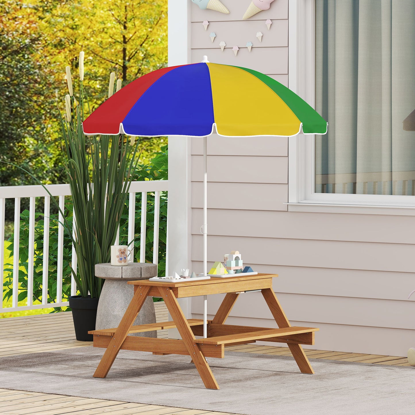 AIYAPLAY Kids Picnic Table With Sand And Water Bins Two Benches Adjustable Parasol Storage Multicolour Garden Furniture