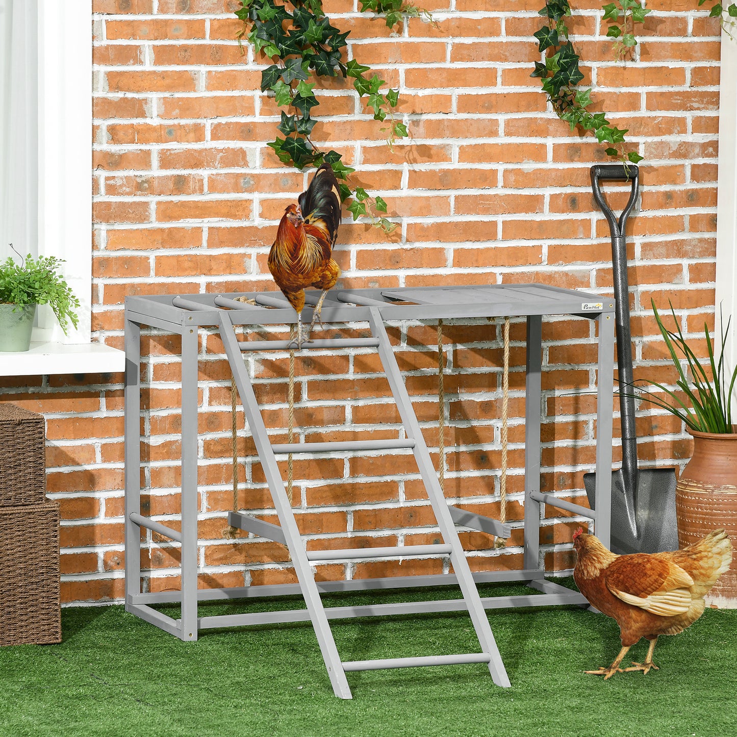 PawHut Wooden Chicken Coop Play Area with Swings for 3-4 Birds - Outdoor Hen House in Grey - ALL4U RETAILER LTD