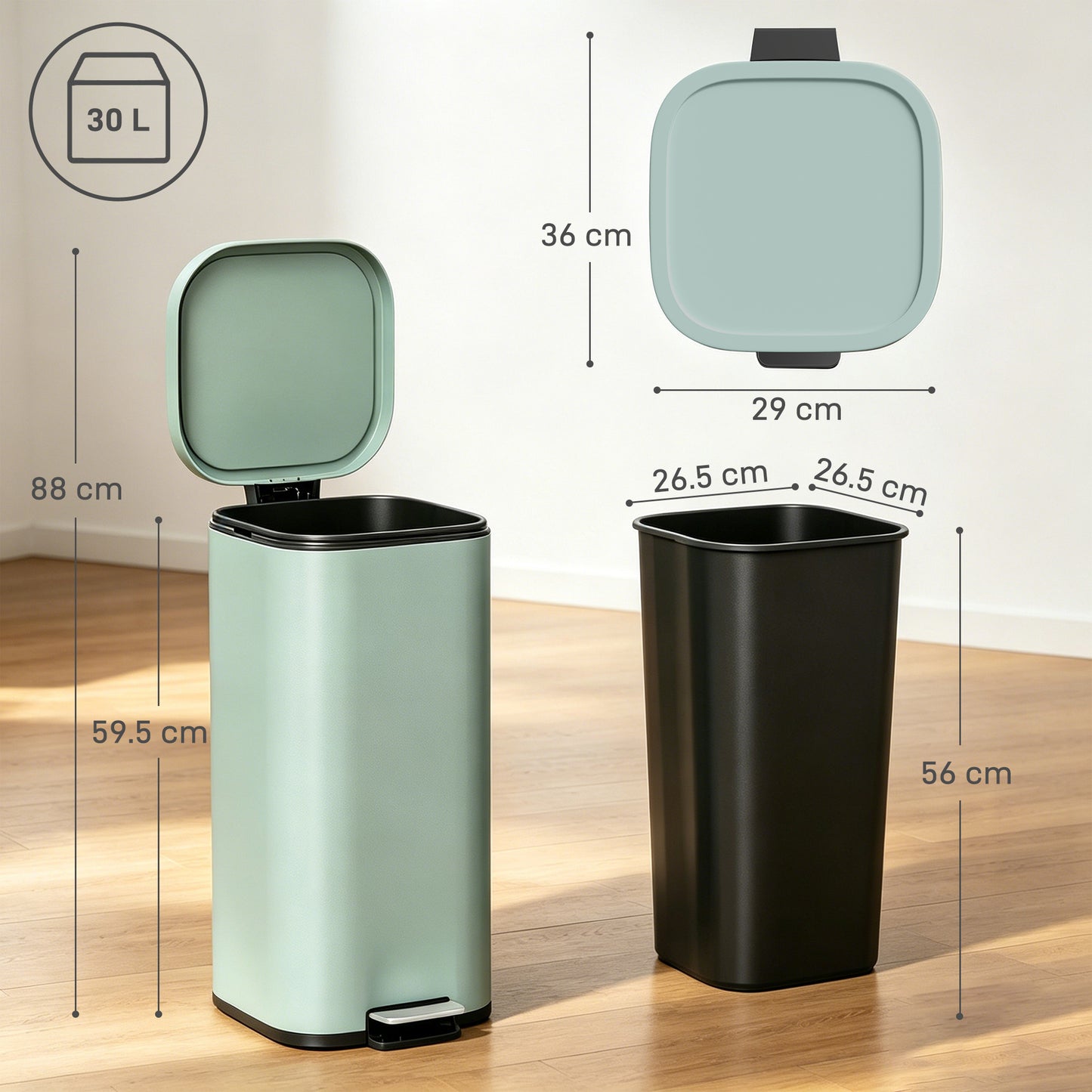 HOMCOM 30L Compact Pedal Kitchen Bin With Soft Close Lid And Stay Open Feature Removable Bucket For Kitchen Office Green