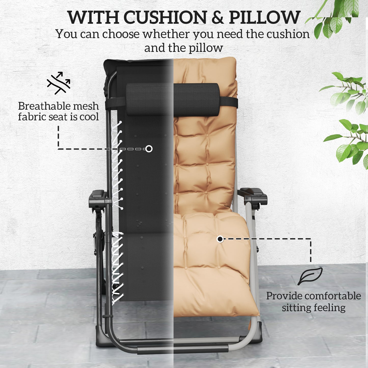 Outsunny 2 Piece Reclining Zero Gravity Sun Loungers With Cushions For Outdoor Patio Khaki