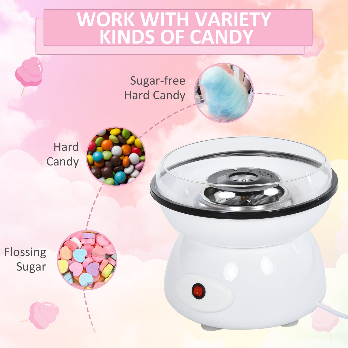 HOMCOM 450W Cotton Candy Maker with Non-Stick Plates – Fun Fairground Machine for Parties and Home, Includes Accessories, Metal Body in White - ALL4U RETAILER LTD