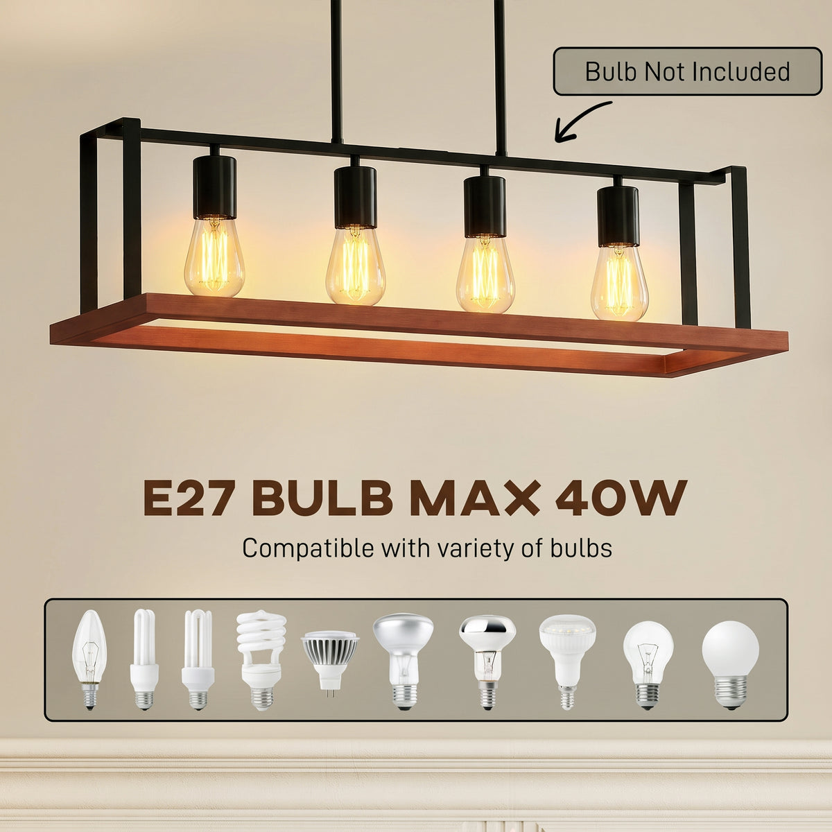 Four-light pendant with E27 sockets, max 40W per bulb, and exposed filament bulbs