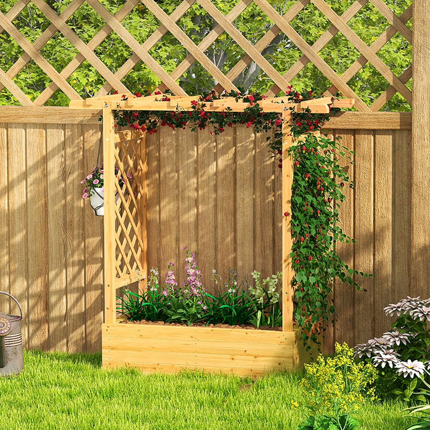 Outsunny Wooden Garden Planter With Trellis Raised Bed Box For Vegetables Herbs And Flowers 110 x 44 x 113 cm Natural
