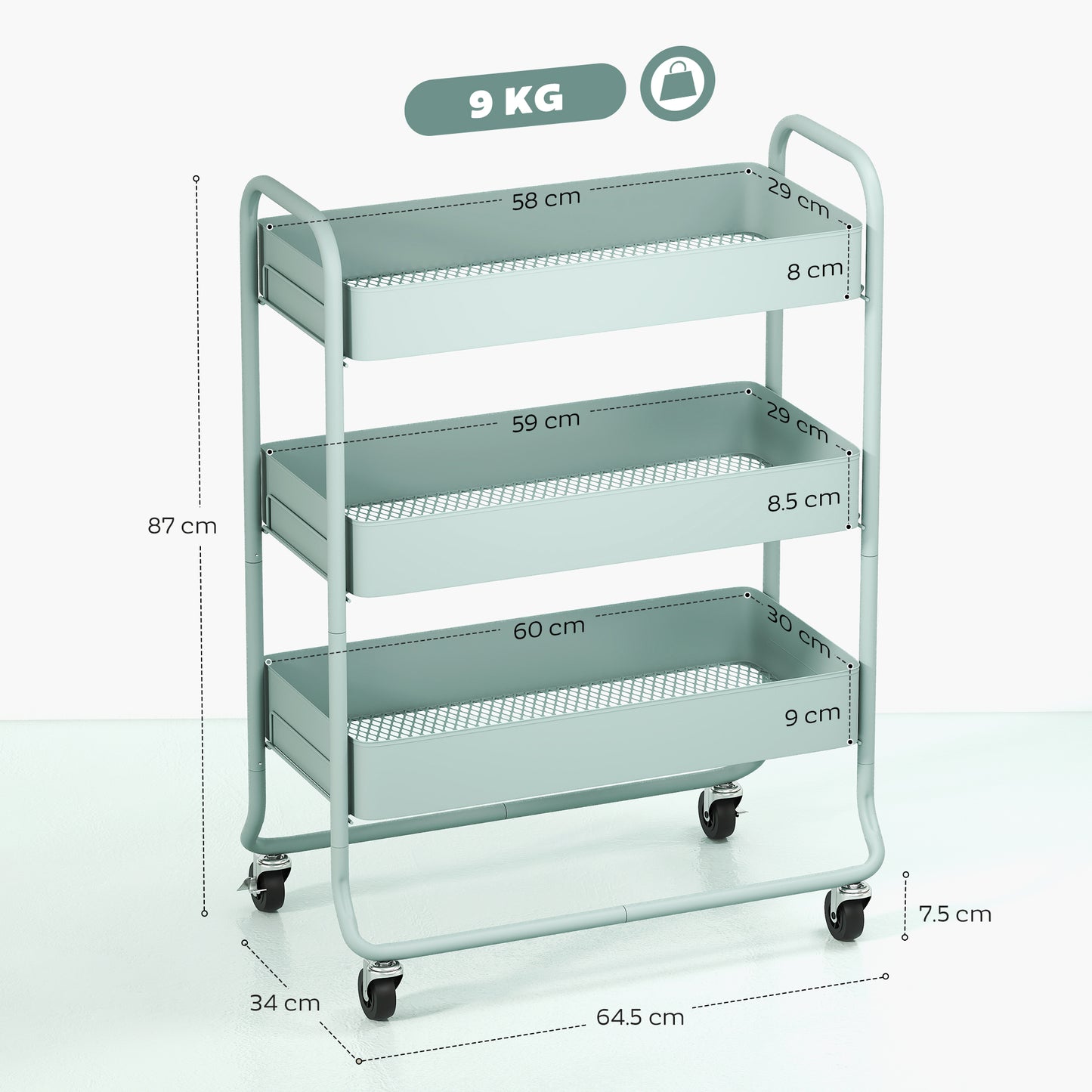 HOMCOM 3 Tier Storage Trolley On Wheels Rolling Utility Cart With Mesh Baskets For Kitchen Bathroom Bedroom Light Green