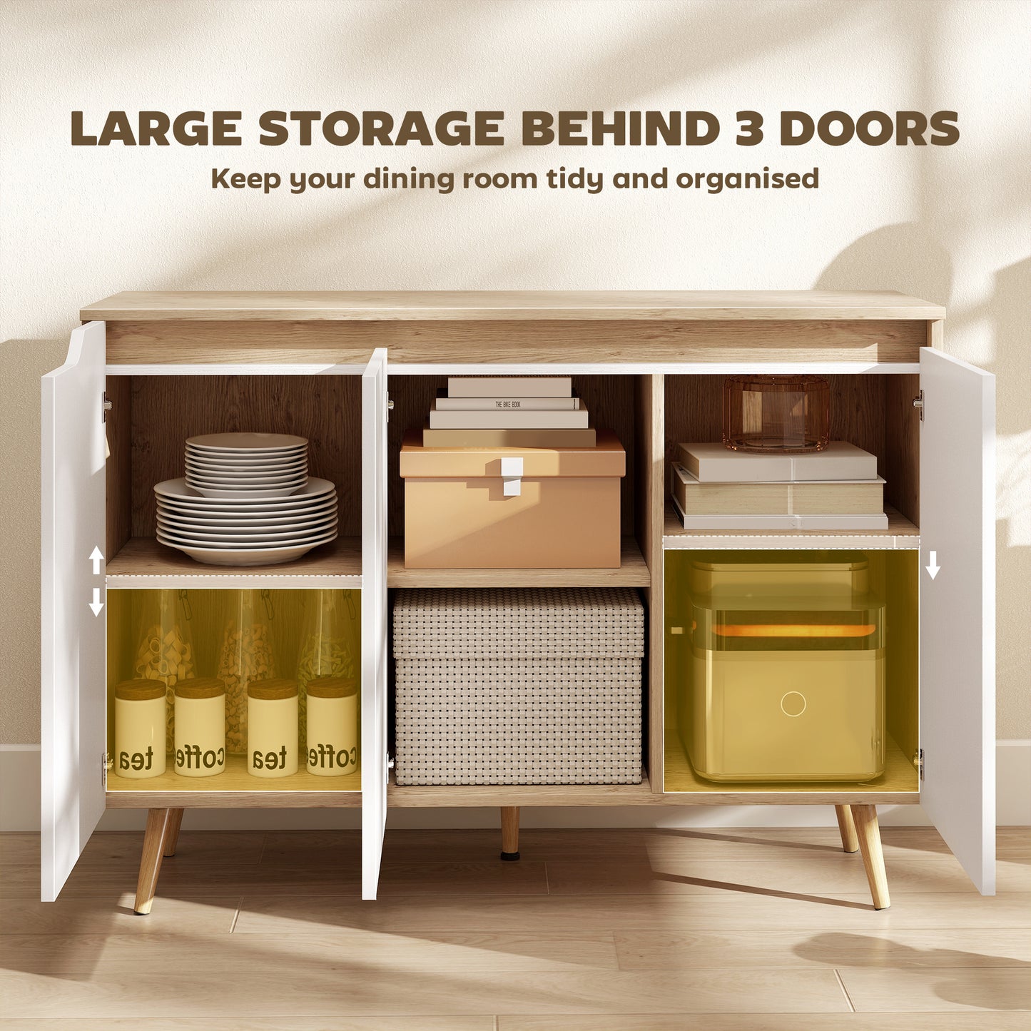 HOMCOM Sideboard Storage Cabinet Kitchen Cupboard With Three Doors And Two Adjustable Shelves White And Oak Finish