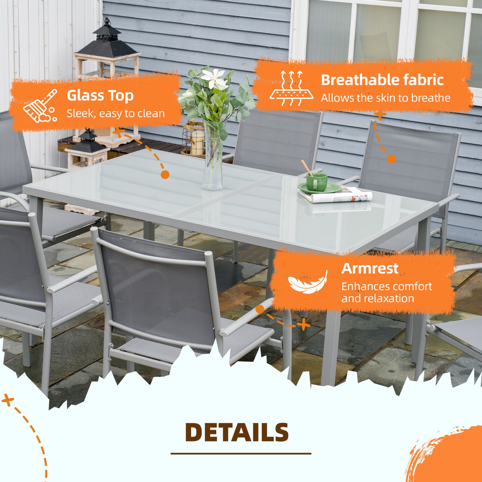 Outsunny Stylish 7-Piece Outdoor Dining Set with Stackable Chairs and Tempered Glass Top Table - Grey - ALL4U RETAILER LTD