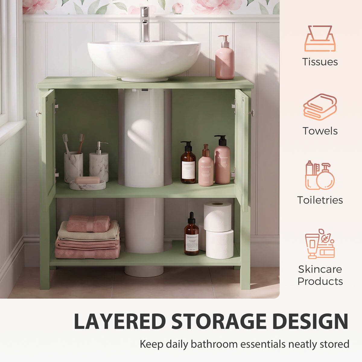 Green under-sink cabinet with two doors, open interior shelves for bathroom storage.