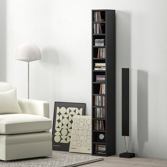 HOMCOM 204 CD Tall Narrow Media Storage Tower Black Space Saving 12 Tier Anti Tip CD Rack