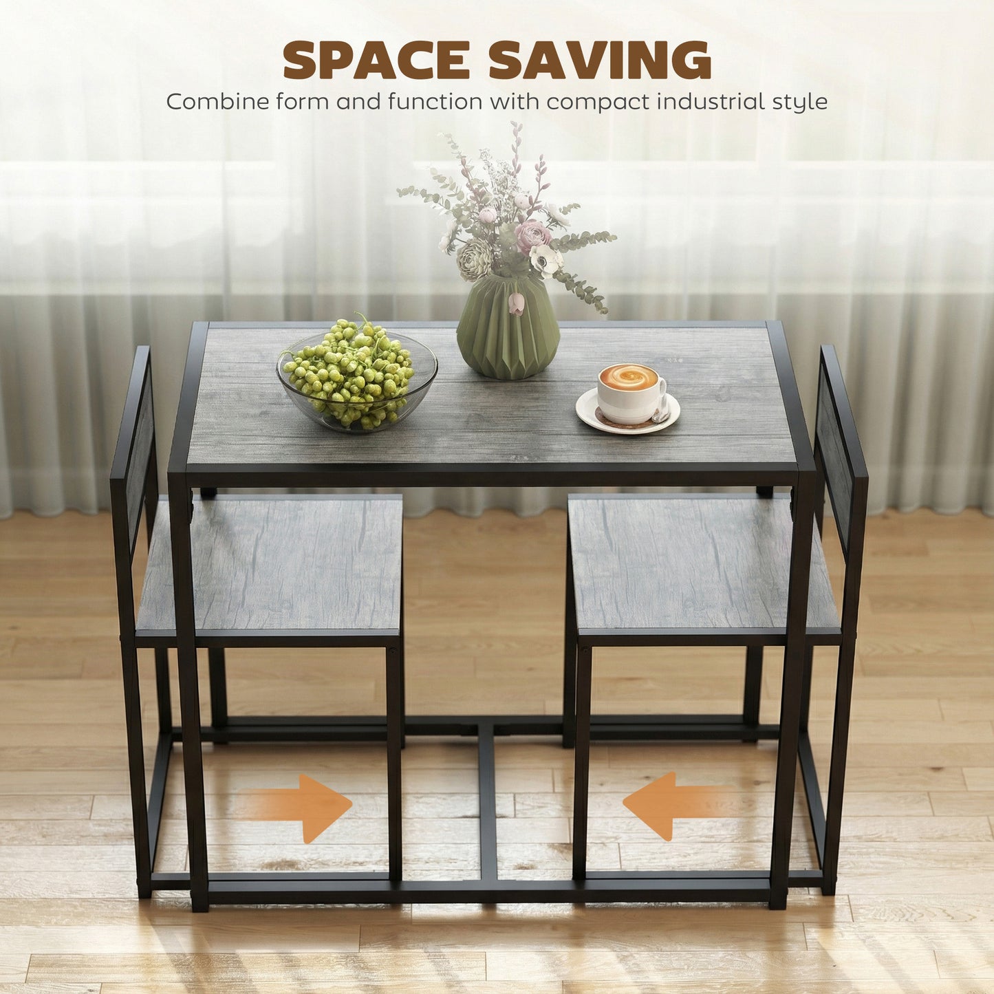HOMCOM 3 Piece Table and Stool Set Charcoal Grey Wood Effect with Chestnut Brown MDF Panels