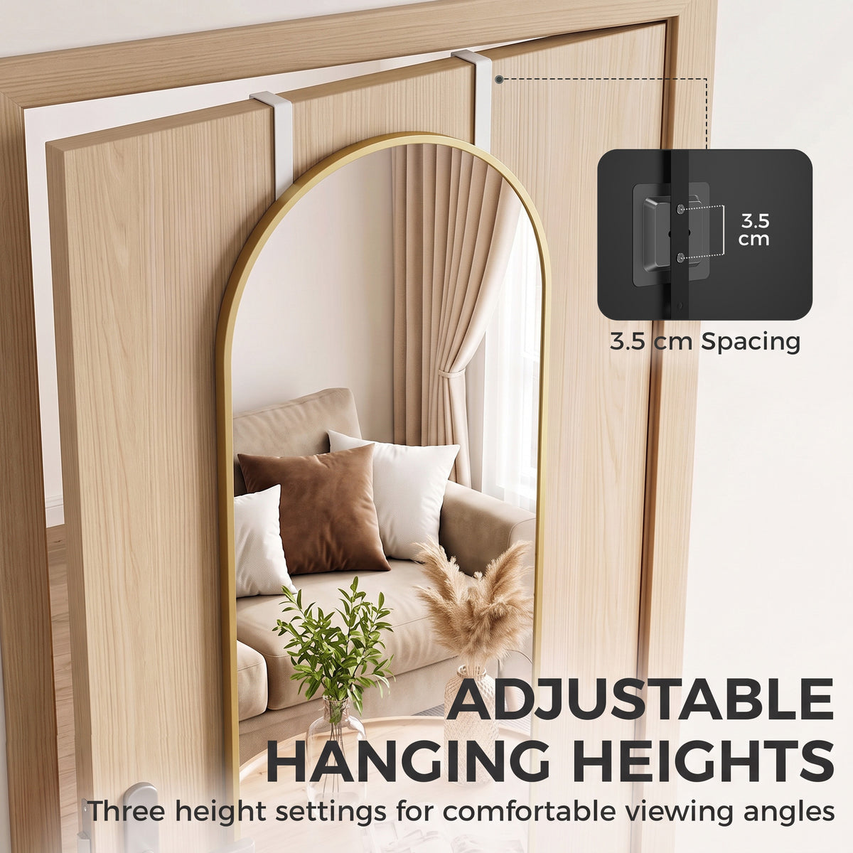 Arched full-length hanging mirror, gold frame, adjustable height hooks