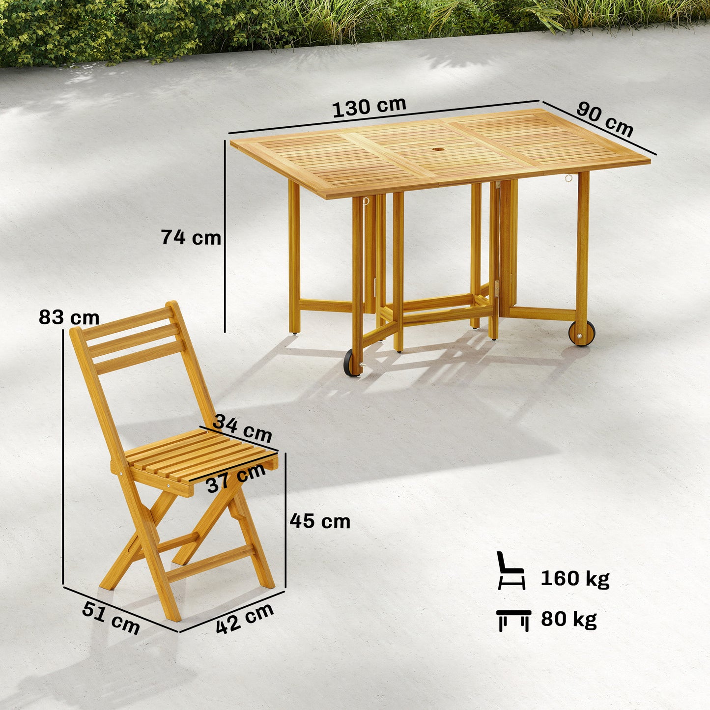 Outsunny 7 Piece Garden Dining Set Extending Table And Six Folding Chairs With Umbrella Hole For Patio Natural Wood