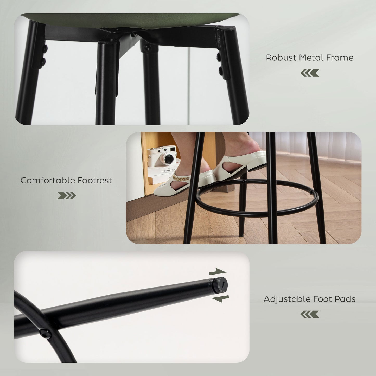 HOMCOM Set Of Two Faux Leather Bar Stools Green And Black With White Thread Edges And 8 Cm Thick Cushions