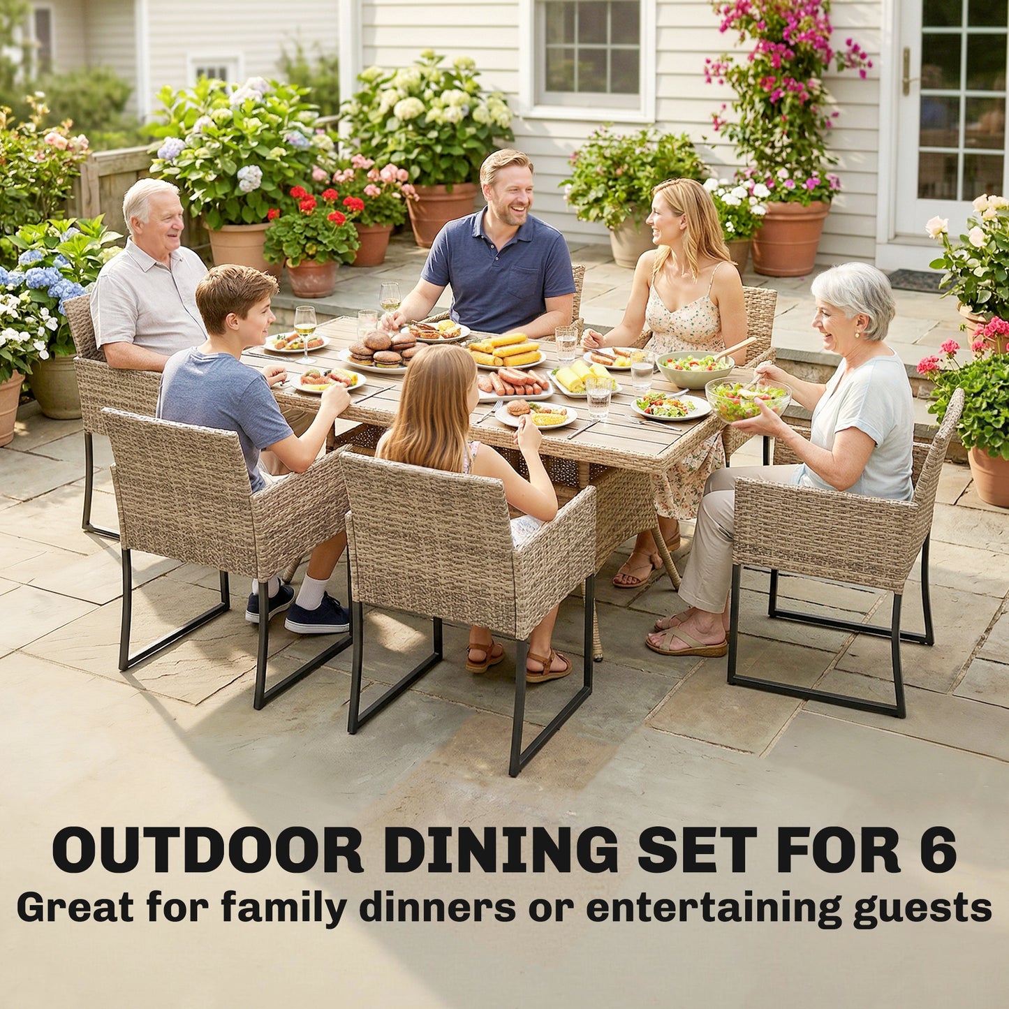 Outsunny 7 Piece Rattan Garden Dining Set With Wood Plastic Table And Six Stackable Chairs Dark Grey