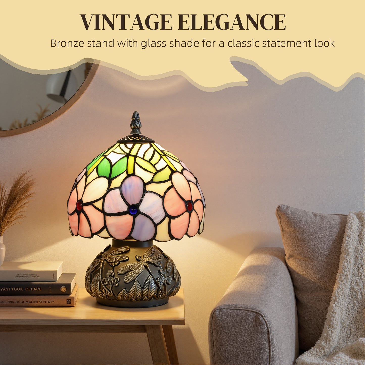 HOMCOM Tiffany Style Table Lamp With Dragonfly Base Stained Glass Pink For Living Room And Bedroom E27 Socket