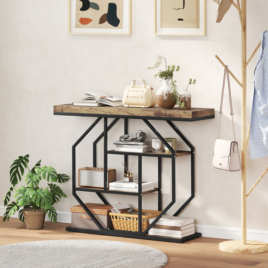 HOMCOM 4-Tier Industrial Console Table With Storage In Rustic Brown Finish For Entryways Hallways And Living Spaces