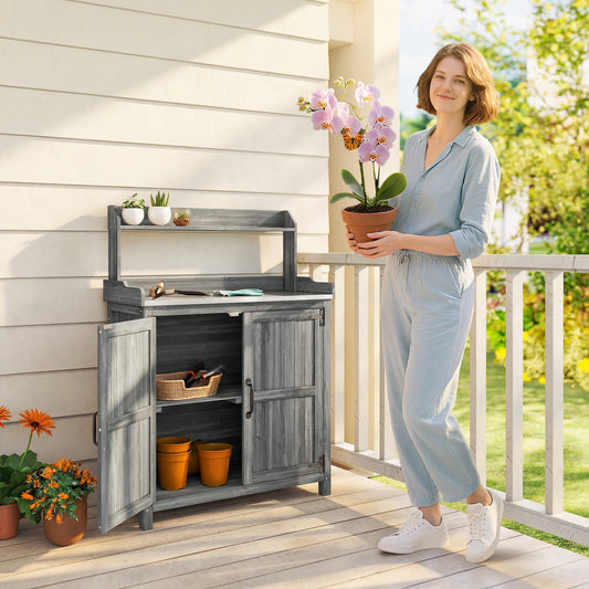 Outsunny Wooden Potting Bench Table With Aluminium Worktop Outdoor Garden Workbench Top Shelf And Cabinet Storage