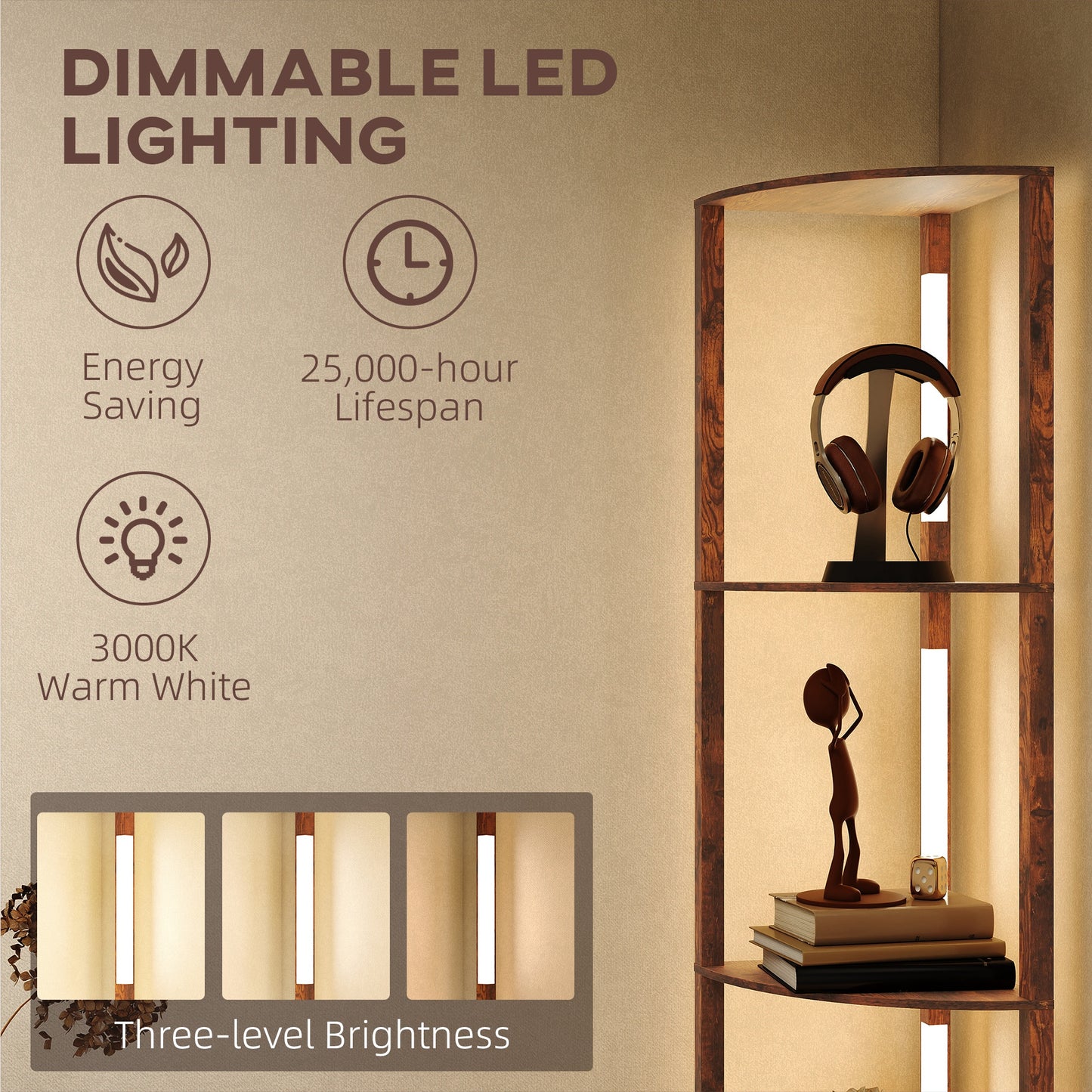 Homcom Three Tier Corner Floor Lamp With Adjustable Brightness And 3000K LED Backlight