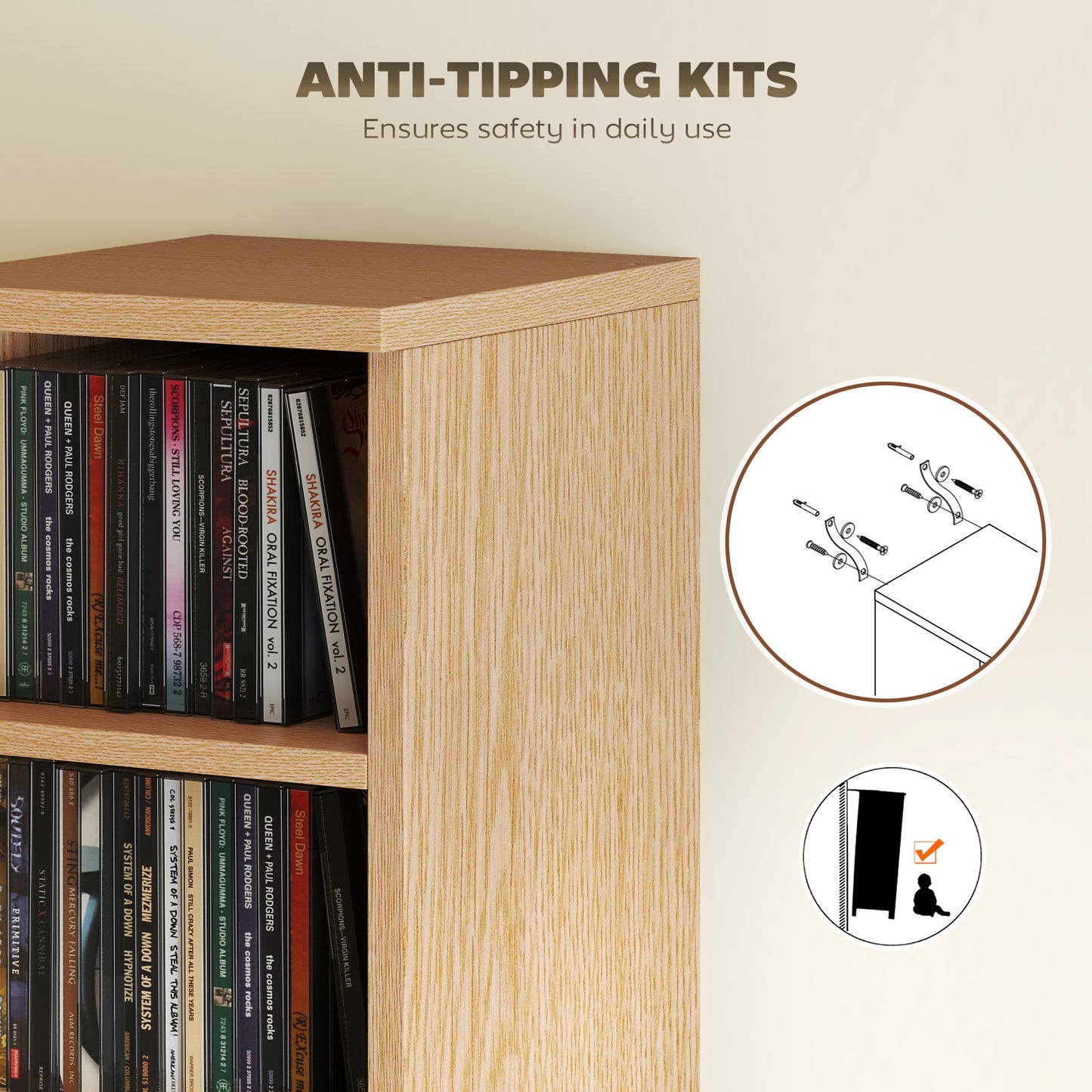 HOMCOM Set Of 2 CD Media Display Shelf Units Tower Rack With Adjustable Shelves Holds Up To 102 CDs Natural Finish