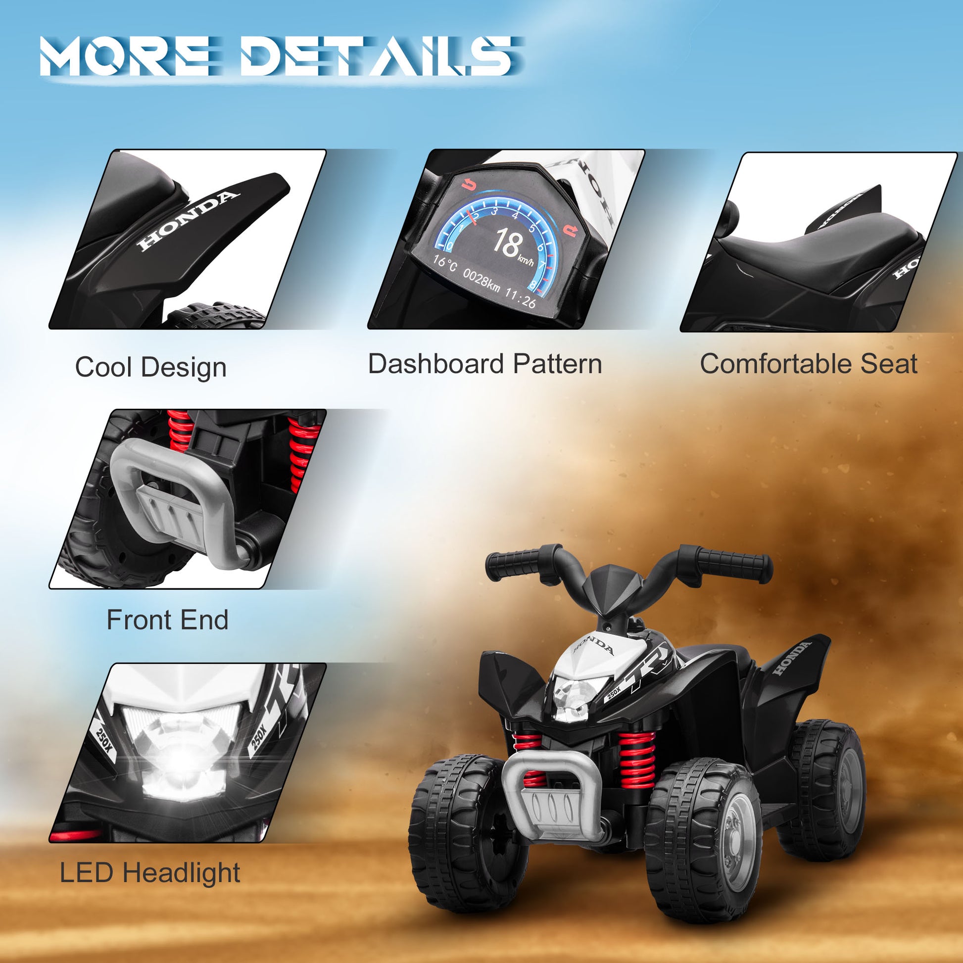 HOMCOM Honda Licensed 6V Electric Kids ATV Quad Bike with LED Lights and Horn - Black - ALL4U RETAILER LTD