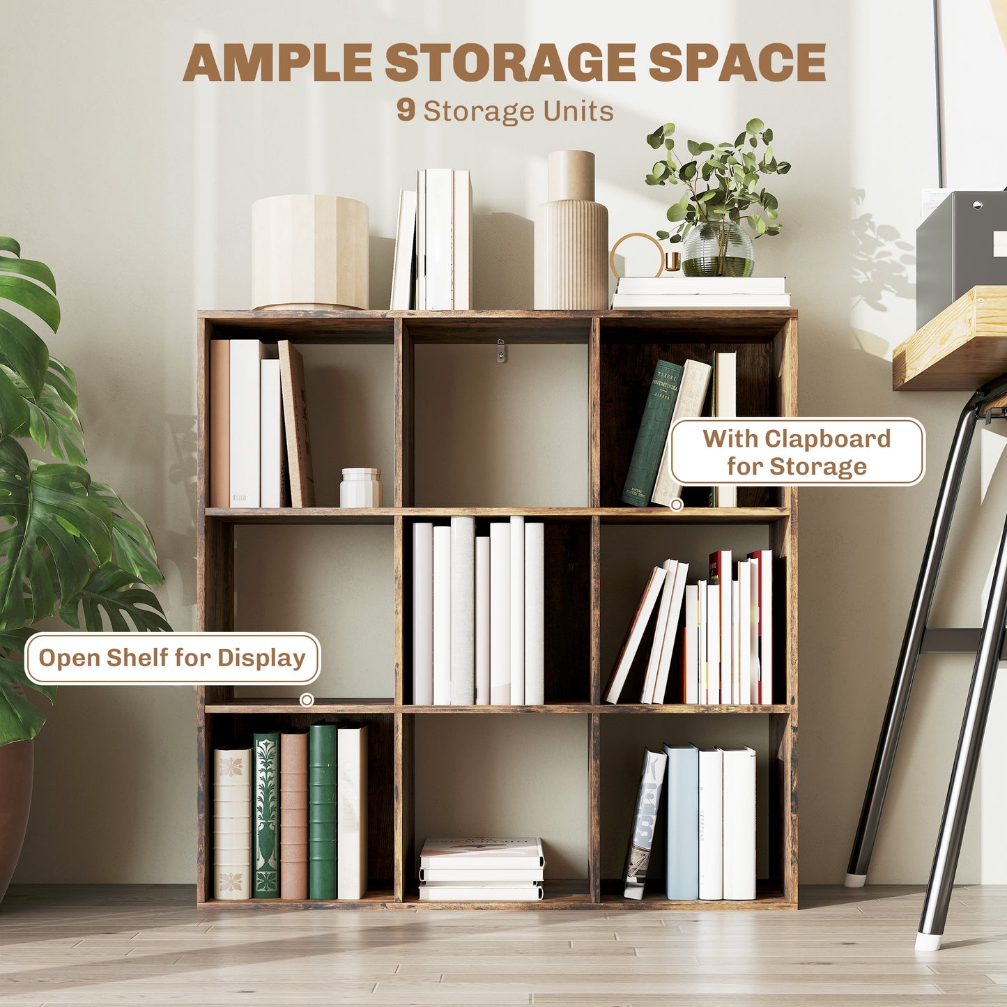 HOMCOM Nine Cube Storage Shelf Rustic Brown Multi Compartment Cube Organizer For Home And Office