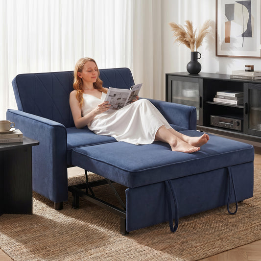 HOMCOM 2 Seater Sofa Bed 3 In 1 Convertible Pull Out Sleeper Sofa With Clik Clack Adjustable Backrest Dark Blue Velvet