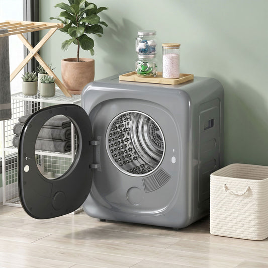 Compact vented front tumble dryer in silver with open door and visible drum