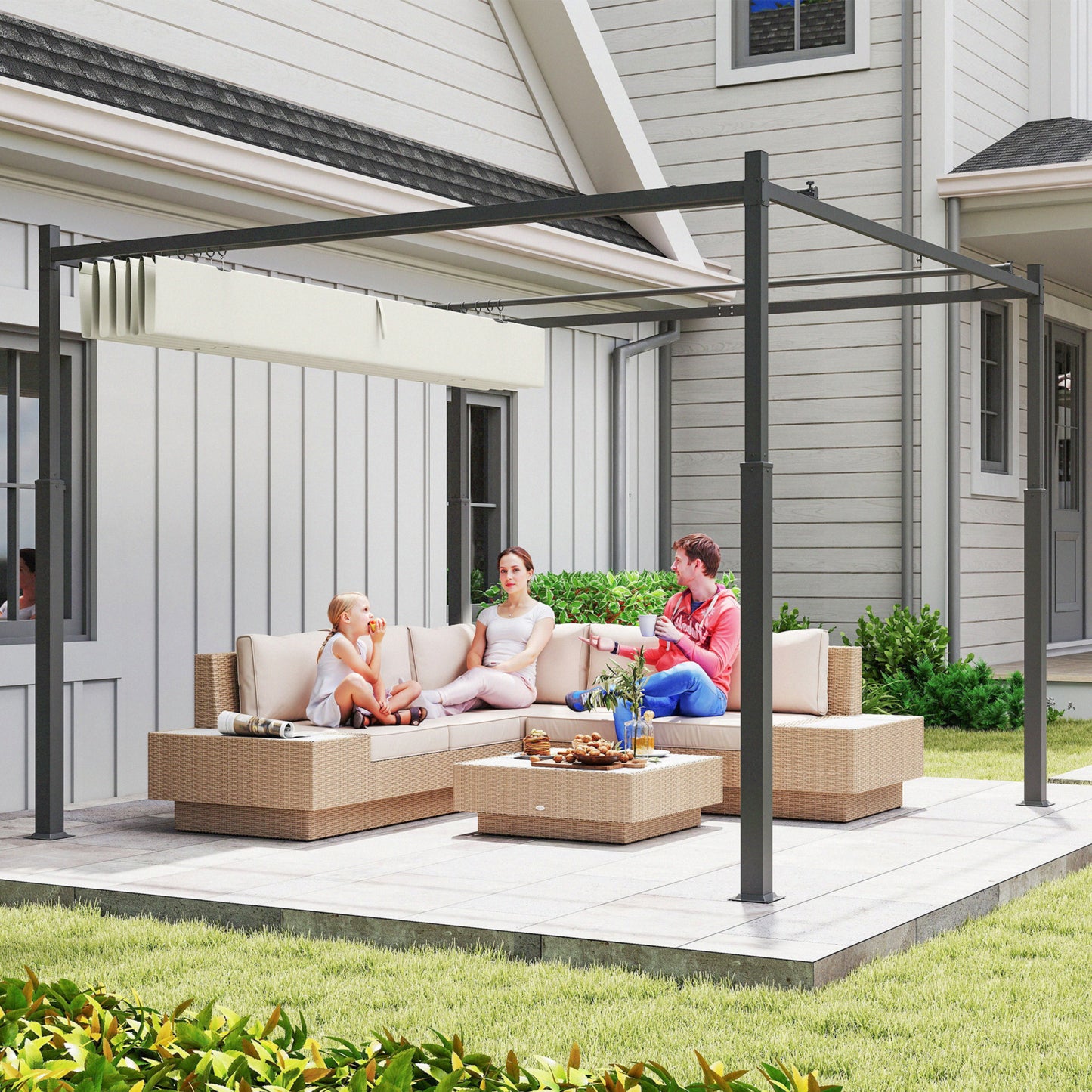 Outsunny 3x3m Metal Pergola With Retractable Roof UPF30 Magnetic Fixture Outdoor Gazebo Kit Cream White