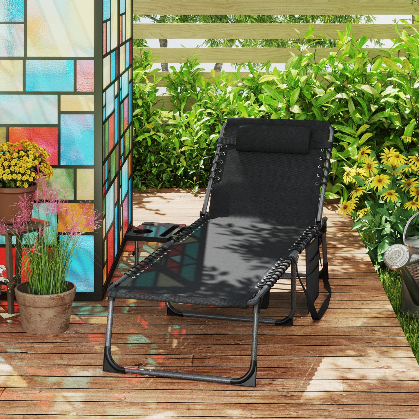 Outsunny Five Position Reclining Sun Lounger Black With Powder Coated Steel Frame And Removable Pillow