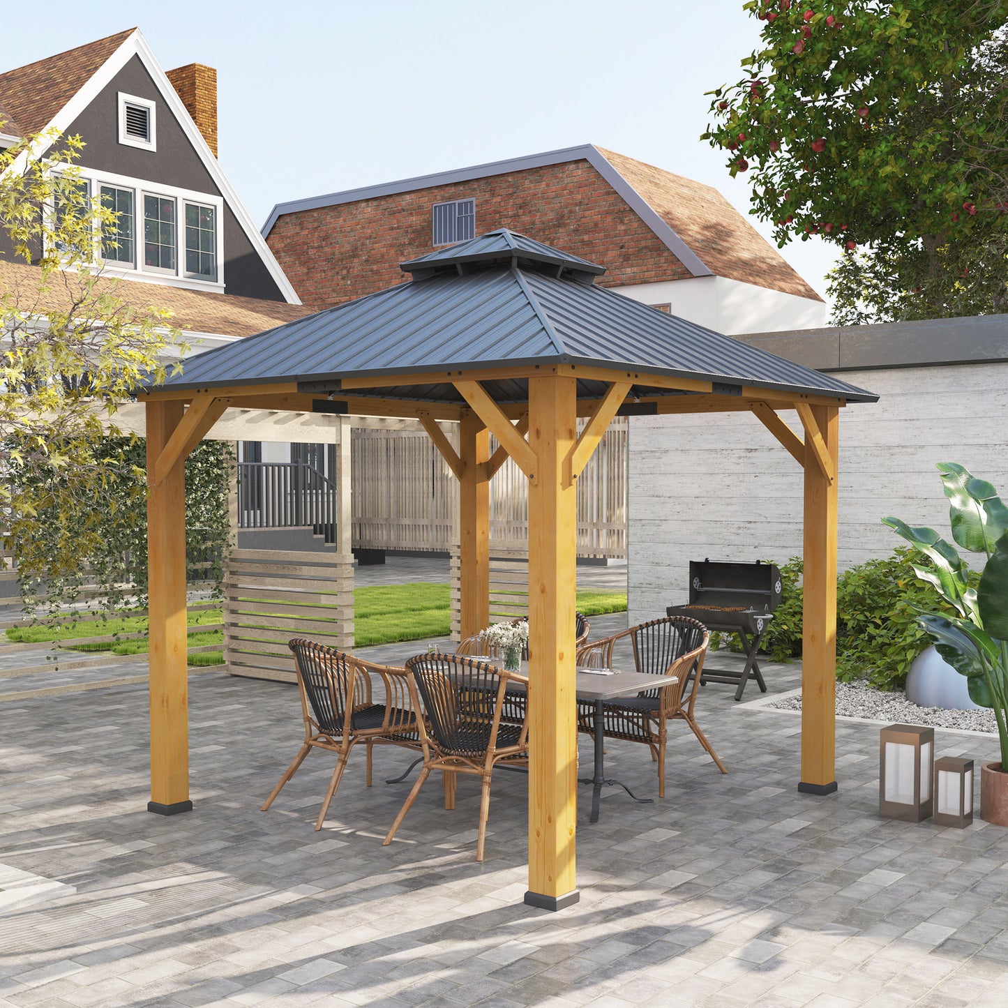 Outsunny 3x3m Outdoor Hardtop Gazebo Canopy With Two Tier Roof And Solid Wood Frame For Patio Garden Grey