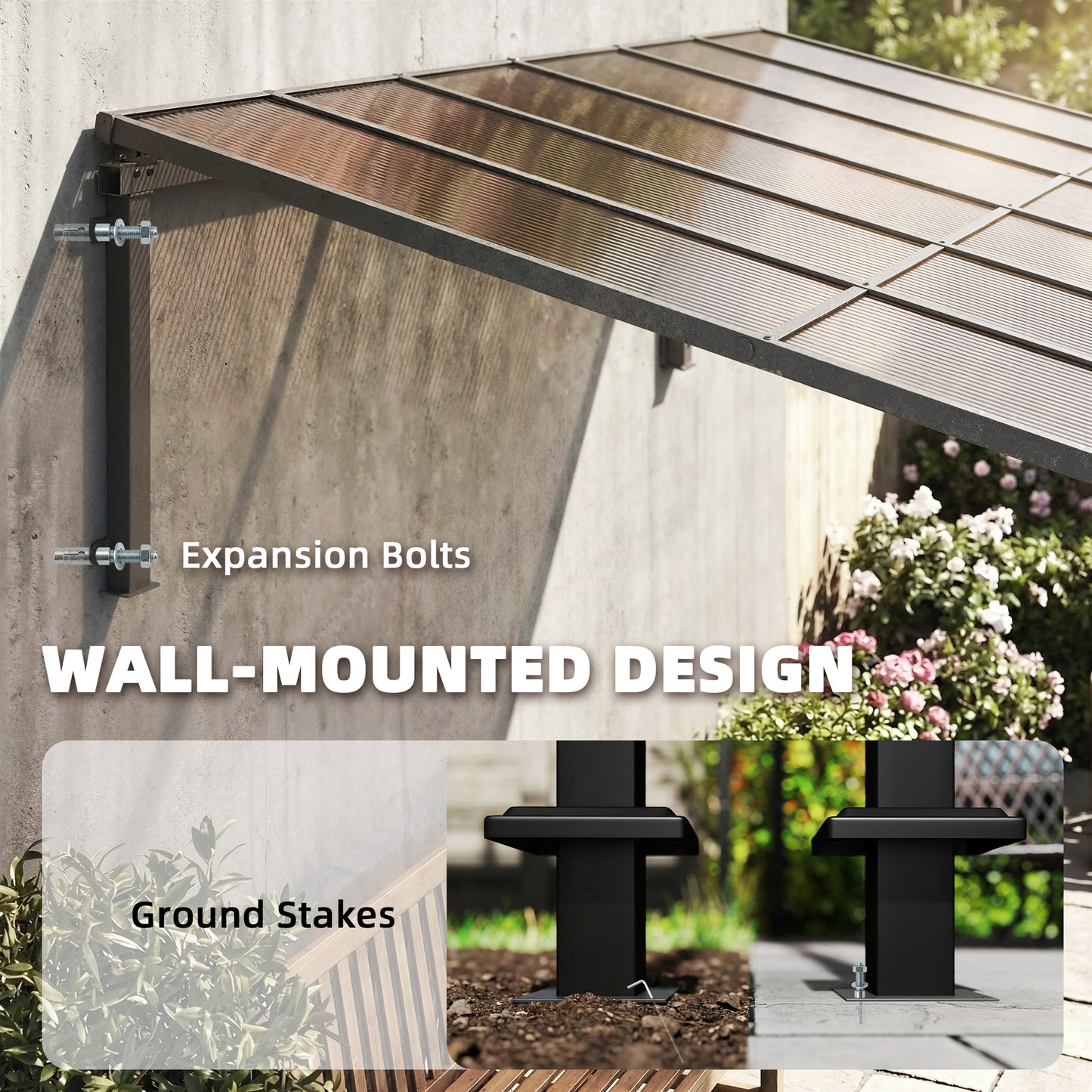Outsunny 3.4 x 3 m Wall Mounted Metal Lean To Pergola With Polycarbonate Roof Aluminium Frame Brown Garden Patio