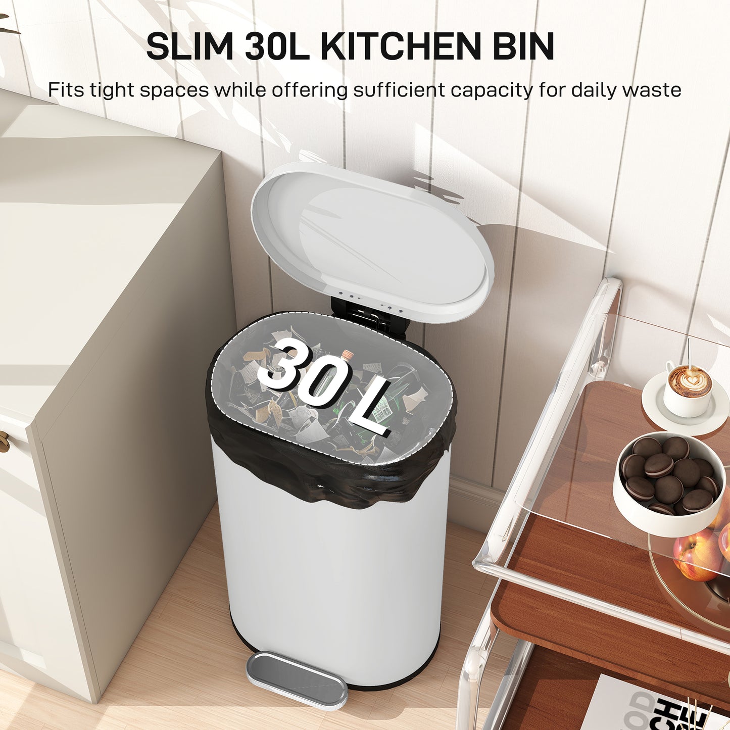 HOMCOM 30 L Modern Curved Kitchen Bin with Silent Soft Close Lid Cream Finish Pedal Operation
