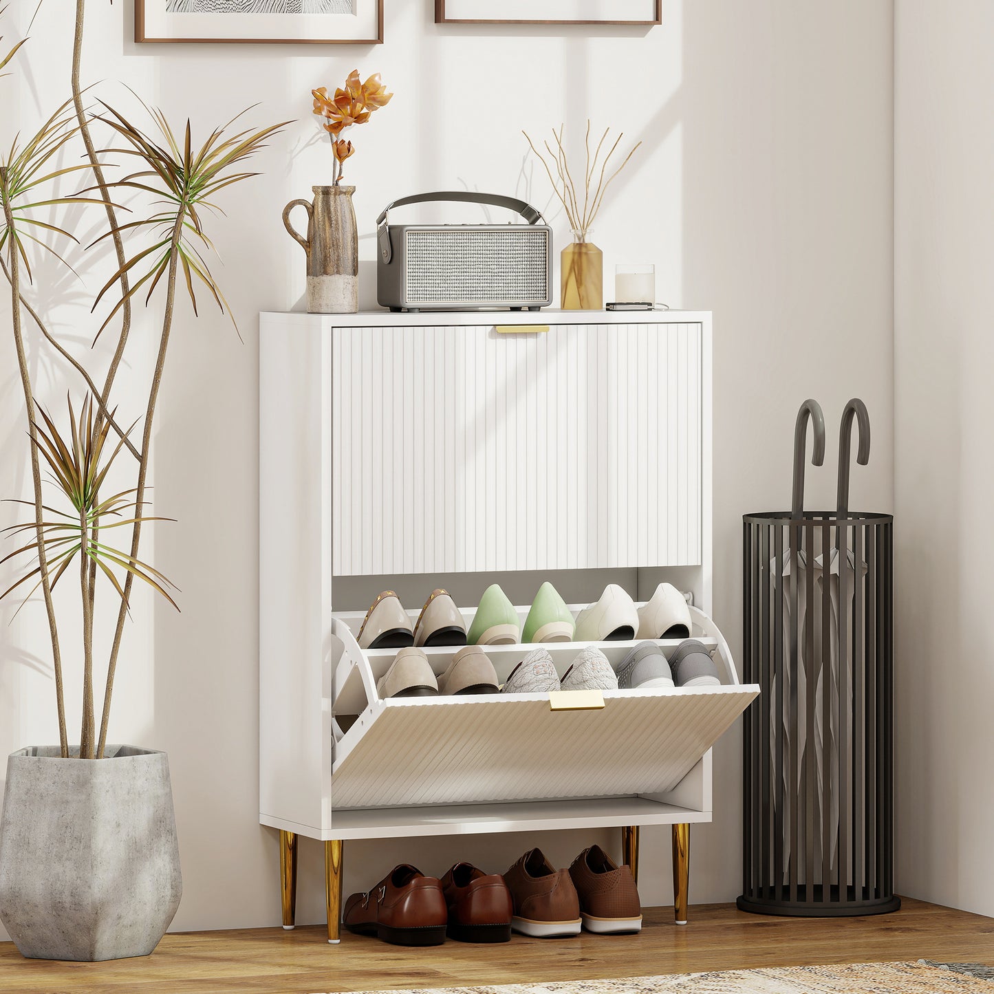 HOMCOM Elegant Two Drawer White Shoe Cabinet With Ridged Doors And Gold Accents Adjustable Shelves For 6 To 12 Pairs