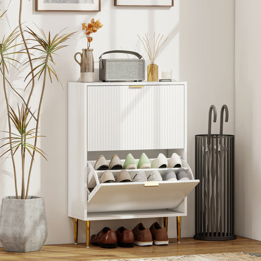 HOMCOM Elegant Two Drawer White Shoe Cabinet With Ridged Doors And Gold Accents Adjustable Shelves For 6 To 12 Pairs