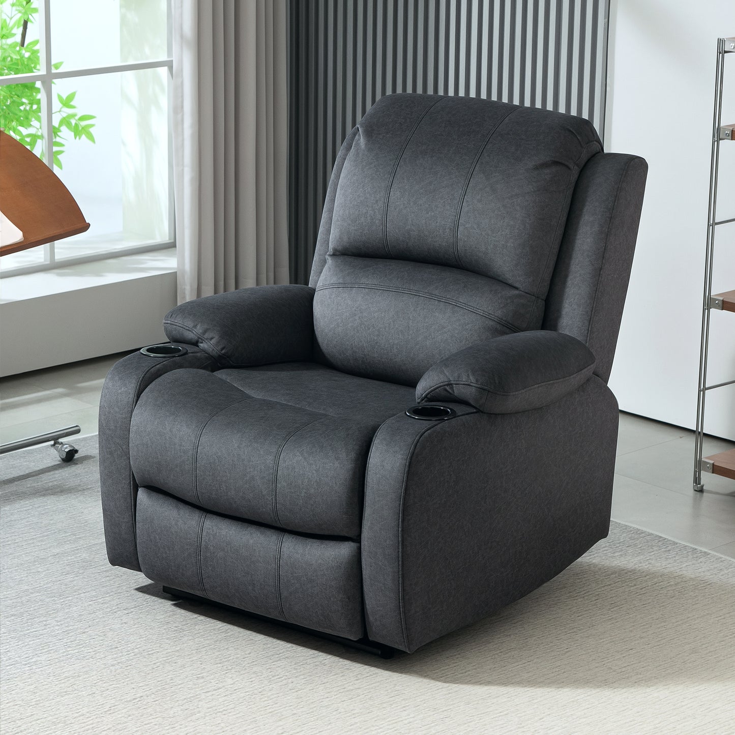 HOMCOM Microfibre Manual Reclining Armchair With Footrest And Cup Holders Black For Living Room