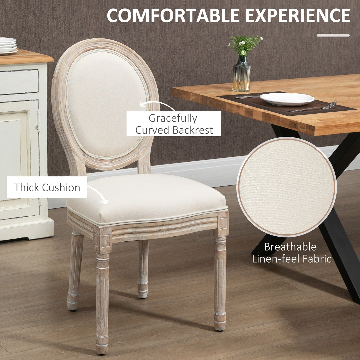 HOMCOM Set of 2 French-Inspired Dining Chairs with Linen-Touch Upholstery and Adjustable Feet, Cream - ALL4U RETAILER LTD