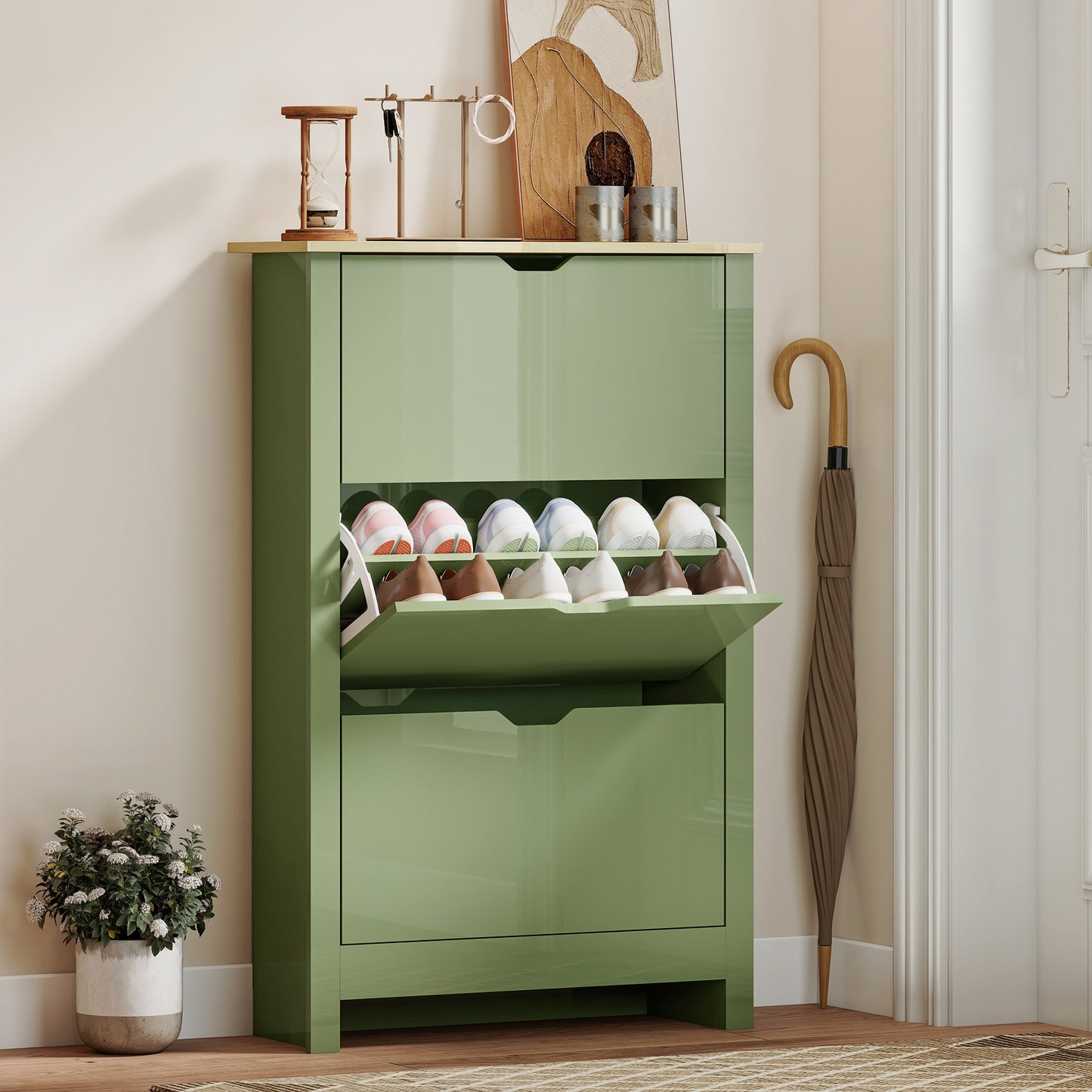 HOMCOM Slim Shoe Cabinet Narrow Cupboard With 3 Drawers Adjustable Shelves For 18 Pairs Of Shoes High Gloss Green