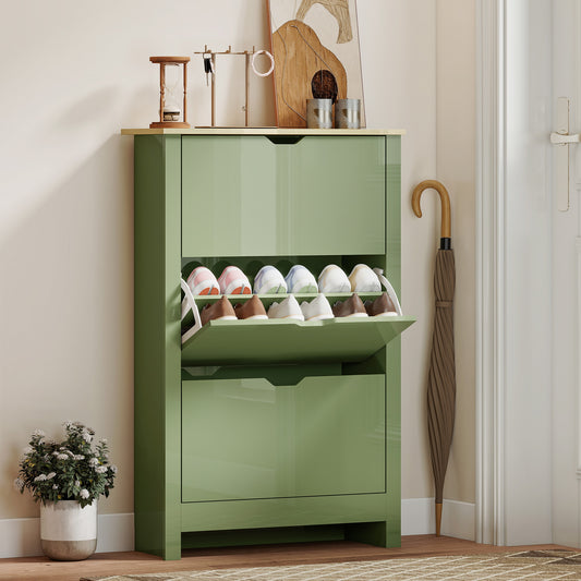 HOMCOM Slim Shoe Cabinet Narrow Cupboard With 3 Drawers Adjustable Shelves For 18 Pairs Of Shoes High Gloss Green