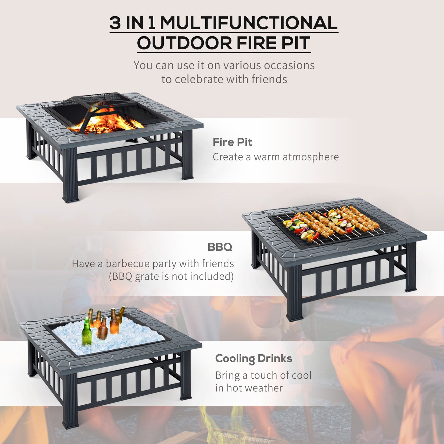 Outsunny Outdoor Square Fire Pit With Rain Cover And Log Grate For Backyard Camping BBQ Bonfire 86 x 86 x 54cm Black