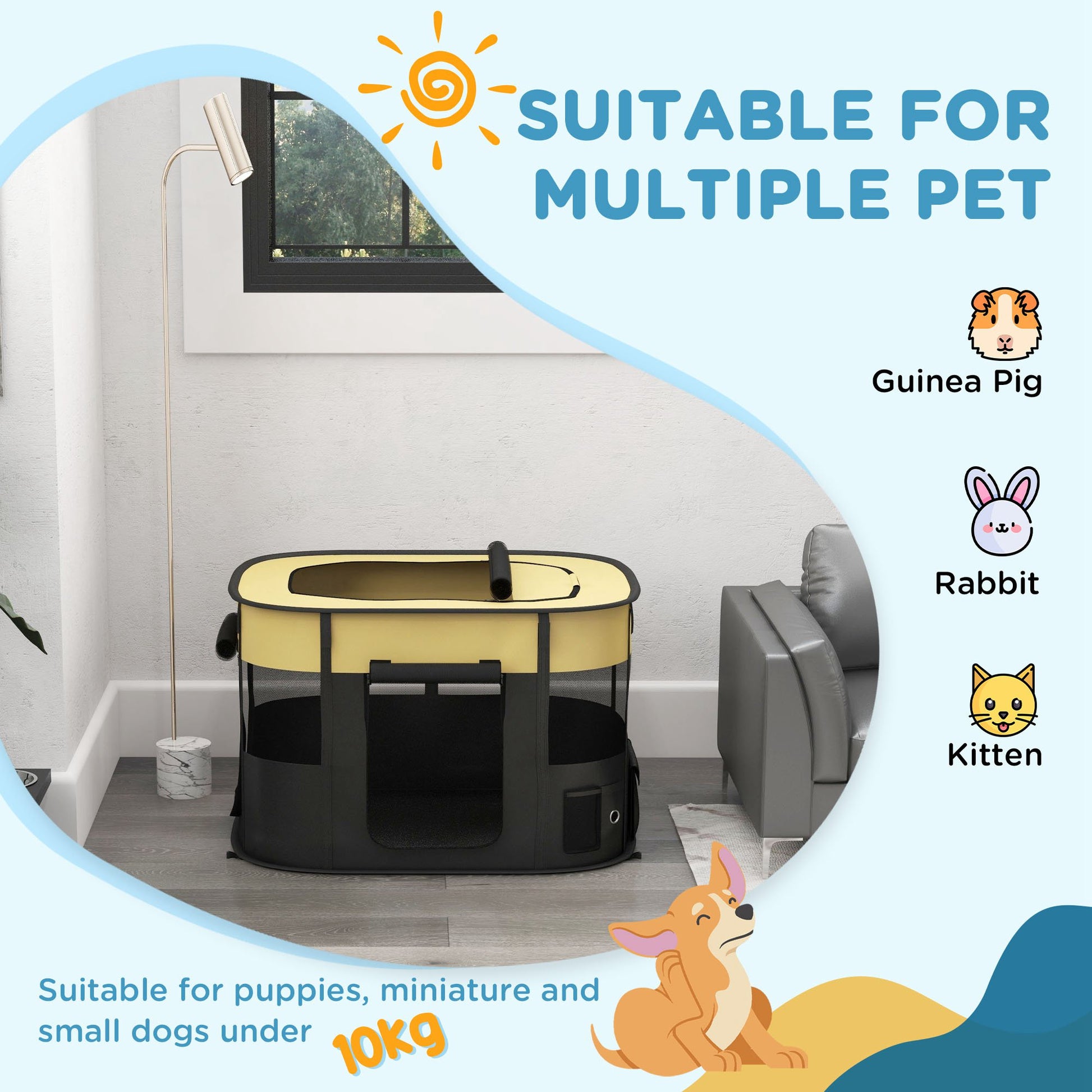 PawHut Portable Yellow Dog Playpen with Mesh Windows and Storage Bag for Indoor/Outdoor Use - ALL4U RETAILER LTD