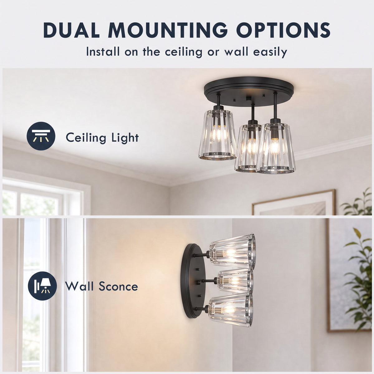 HOMCOM 3 Light Crystal Glass Ceiling Light Triple Head Modern Black Lamp