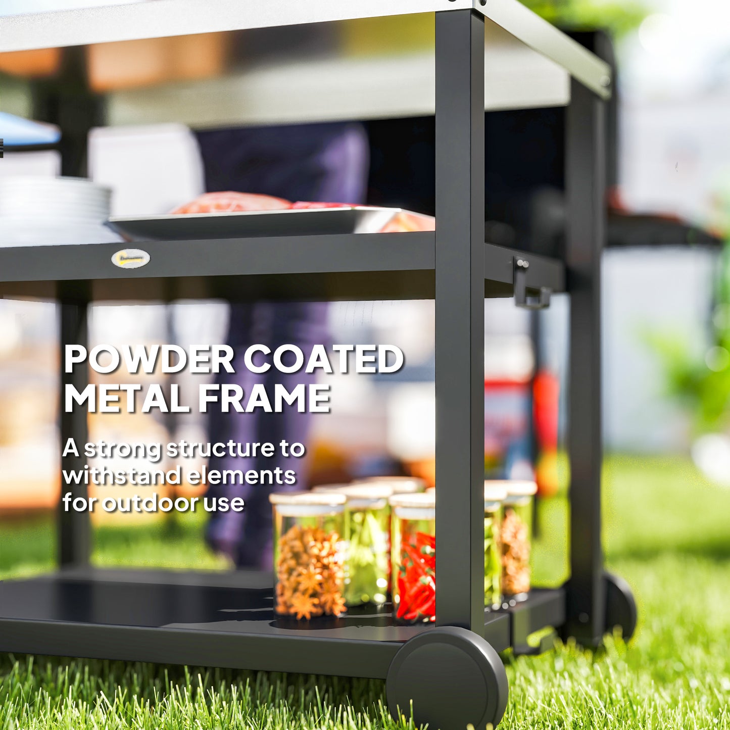 Outsunny Outdoor Grill Cart Three Shelf Movable Table With Stainless Steel Top Portable BBQ Trolley Charcoal Grey