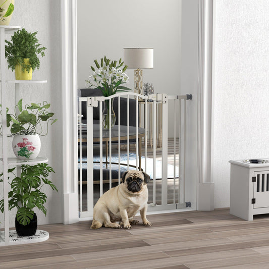 PawHut Metal 74-87cm Adjustable Pet Gate Safety Barrier w/ Auto-Close Door White - ALL4U RETAILER LTD