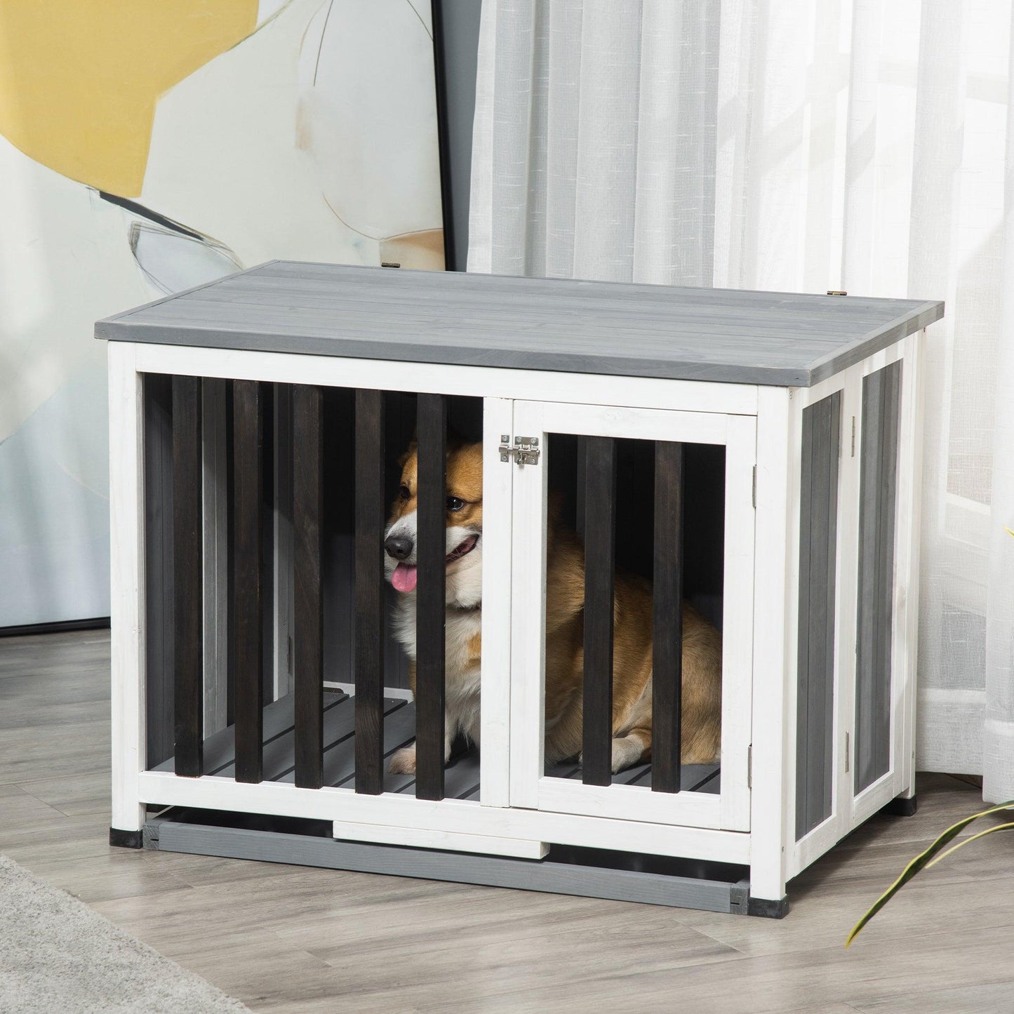 PawHut Wooden Dog Crate Kennel Cage Grey - 84.5 x 51.4 x 61 cm - ALL4U RETAILER LTD