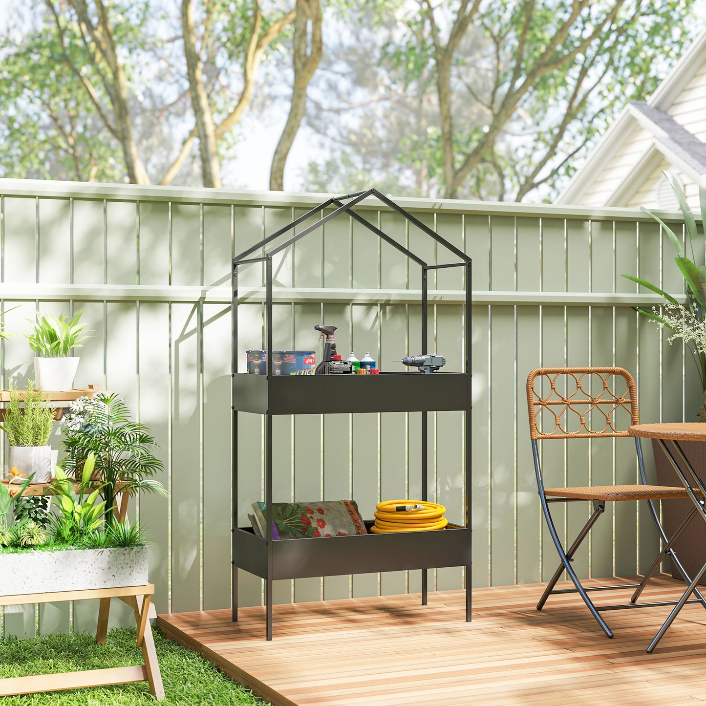 Outsunny 2 Tier Plant Stand With Hook Outdoor Indoor Metal Display Rack House Shaped Pots Holder Black