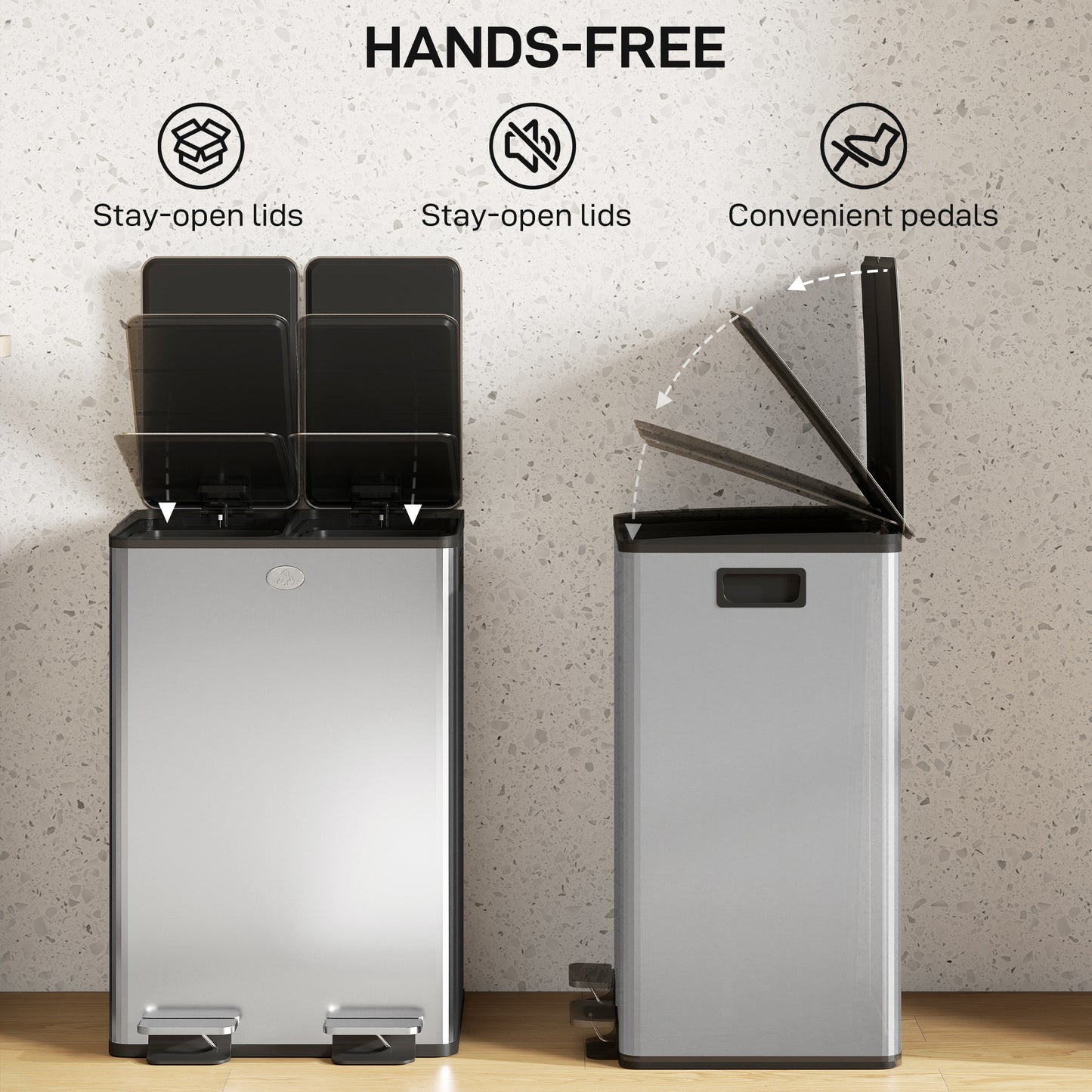 HOMCOM 56L Dual Compartment Stainless Steel Bin With Deodoriser Holders Silver Tone