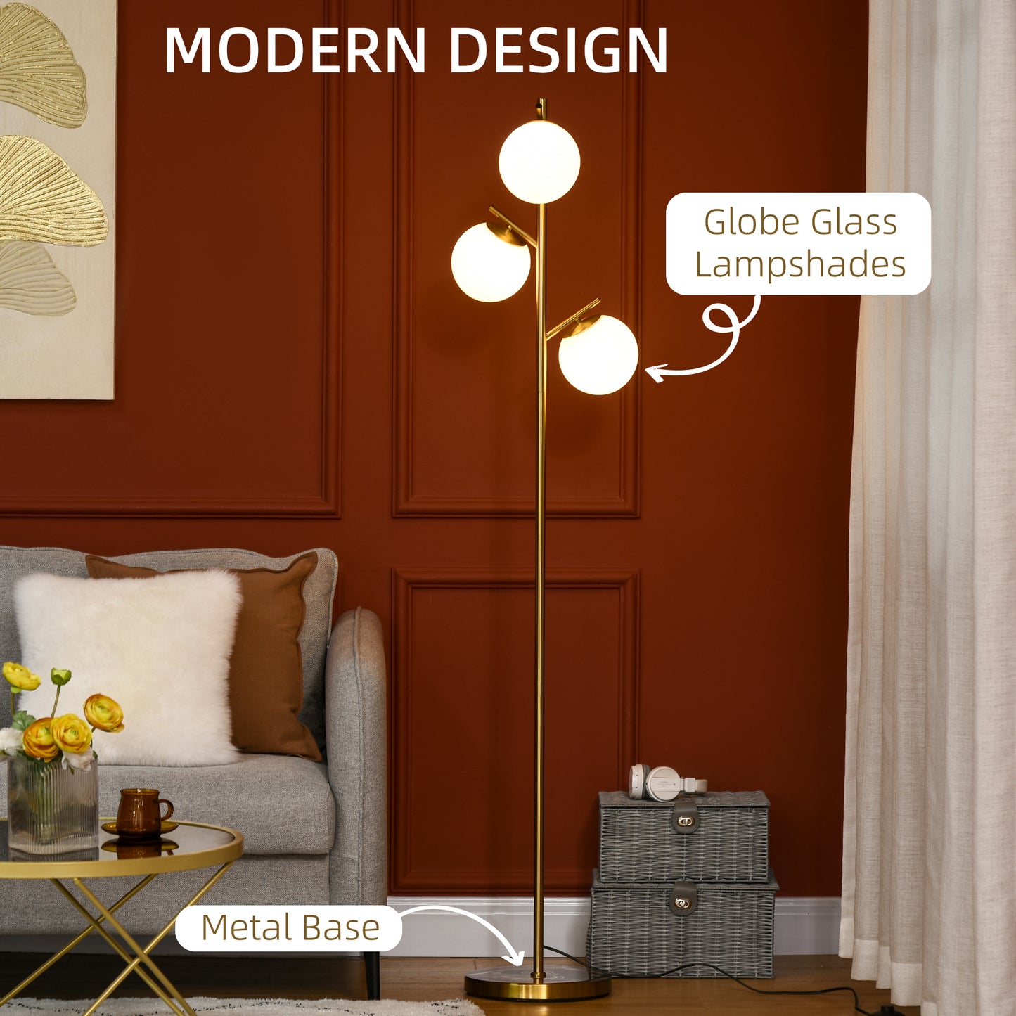 HOMCOM 3 Light Tree Floor Lamp With Globe Lampshades Modern Gold Tone Standing Light 3000K 4000K 6000K Temperatures
