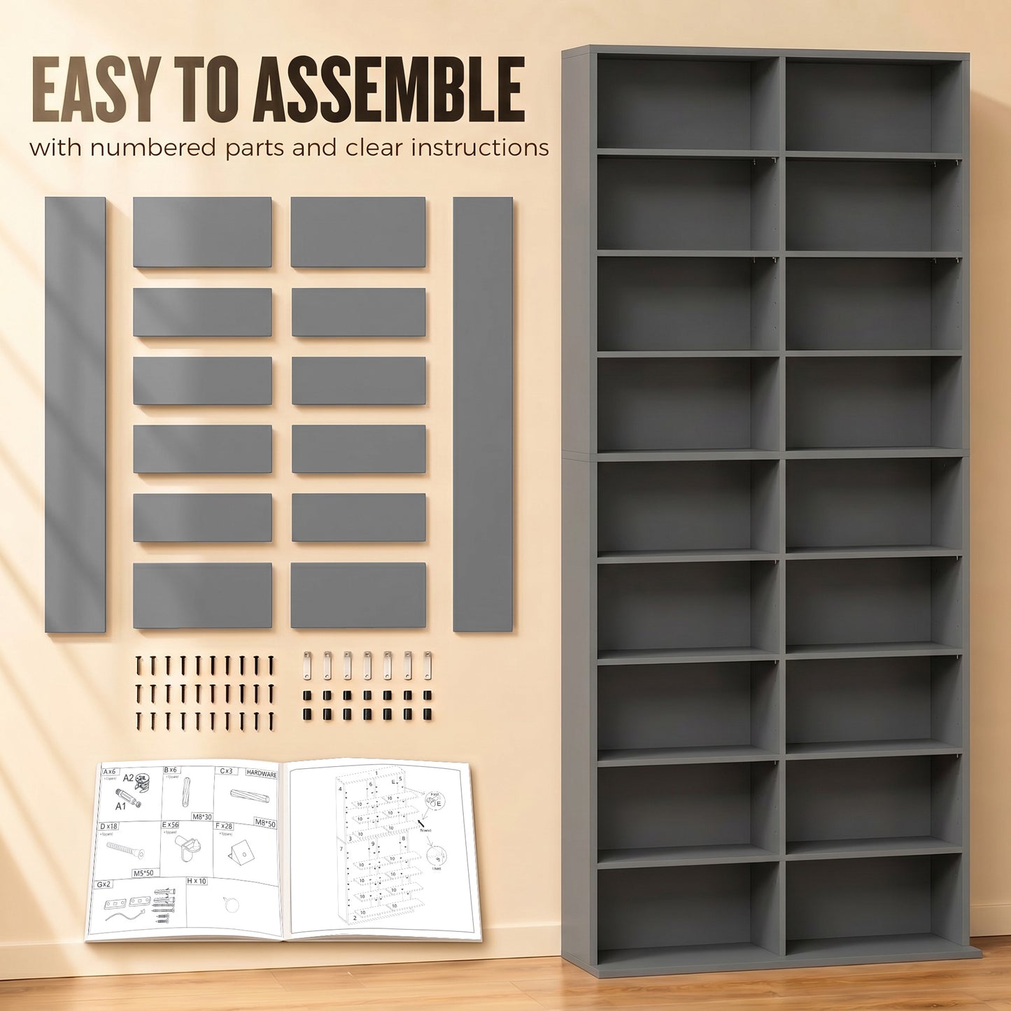 HOMCOM 640 CD Storage Tower Grey With 14 Adjustable Shelves Holds 640 CDs And 360 DVDs Anti Tipping Design