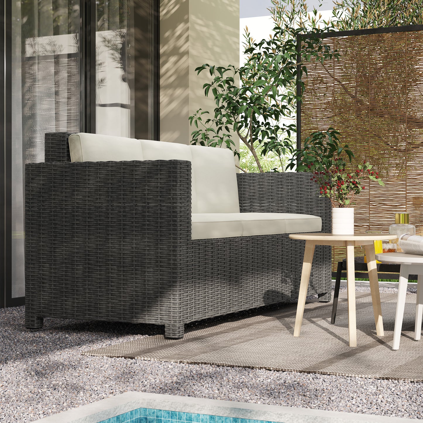 Outsunny 3 Seater Outdoor Rattan Sofa All Weather Wicker Weave Steel Frame With Cream Cushions Fire Resistant
